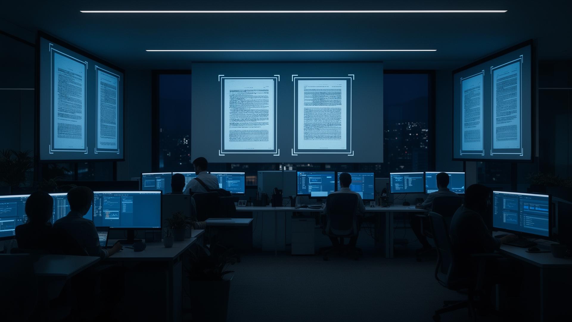 Backoffice operations floor met document workflows op grote schermen