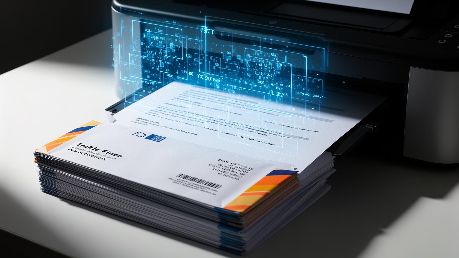 Stapel boete-enveloppen wordt gescand met OCR data overlay