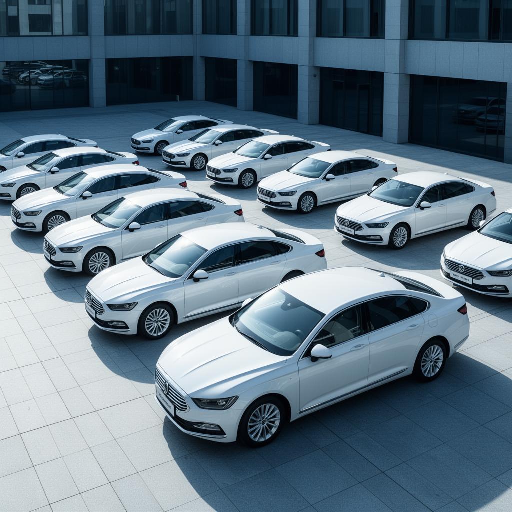 Corporate fleet van witte bedrijfsauto's in een binnenplaats